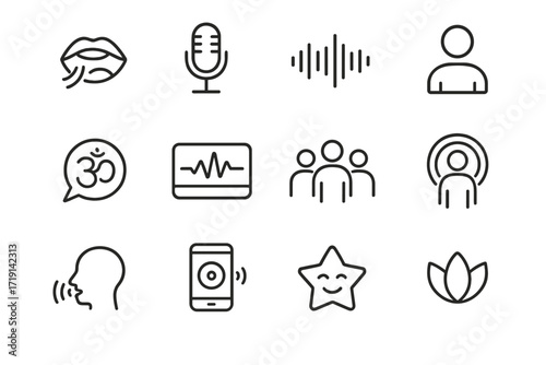 Voice Healing Icons. Outline icon set of Voice healing: singing mouth, microphone icon, sound wave, patient