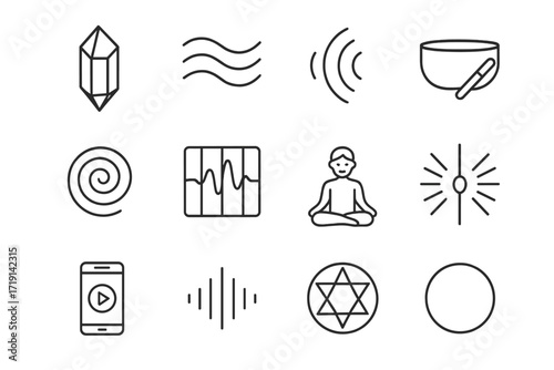 Sonic Crystal Icons. Outline icon set of Sonic crystals: crystal prism, wave icon, aura lines, energy spiral,
