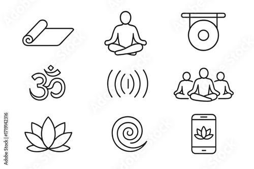 Acoustic Yoga Icons. Outline icon set of Acoustic yoga: yoga mat, meditating posture, singing bowl, gong icon,