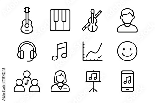 Music Therapy Icons. Outline icon set of Music therapy: guitar icon, piano keys, violin bow, patient avatar,