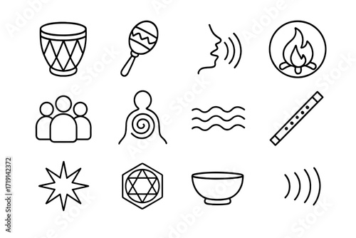 Sacred Sound Icons. Outline icon set of Sacred sound rituals: drum icon, rattle symbol, chanting mouth, fire