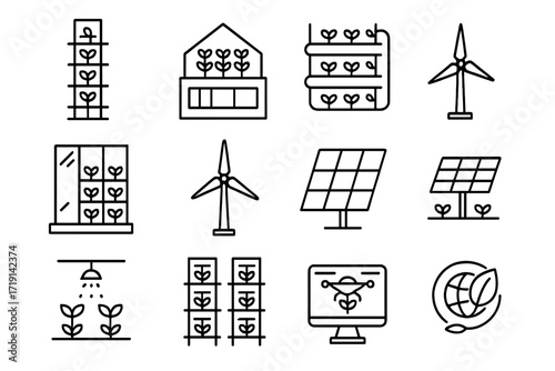 Sky Farming Icons. Outline icon set of Sky farming architecture: vertical tower farm, rooftop greenhouse,