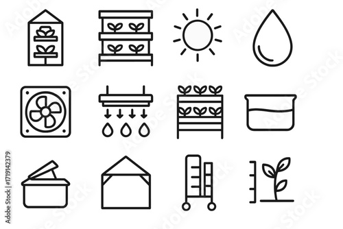 Vertical Greenhouse Icons. Outline icon set of Vertical greenhouses: glass tower, hydroponic shelves, sunlight