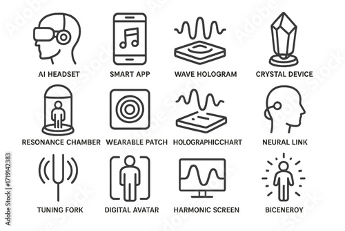 Futuristic Healing Icons. Outline icon set of Future sonic healing tech: AI headset, smart app, wave hologram,