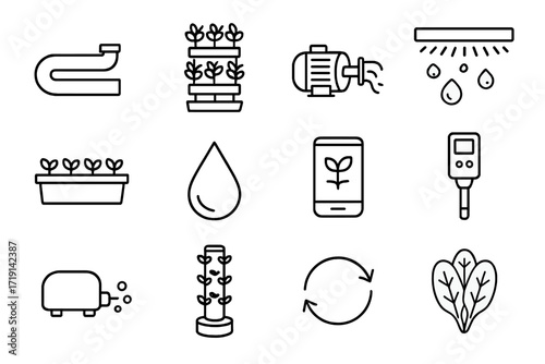 Hydroponic Icon Set. Outline icon set of Hydroponic towers: nutrient pipe, vertical plant rack, water pump,