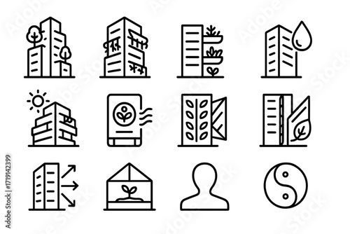 Biophilic Skyscraper Icons. Outline icon set of Biophilic skyscrapers: tower with trees, hanging plants,