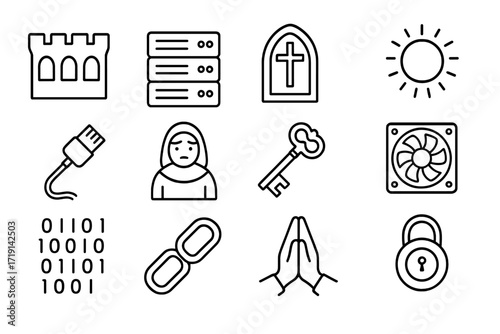 Sacred Servers Icons. Outline icon set of Cloistered servers: monastery wall, server rack, cross window,
