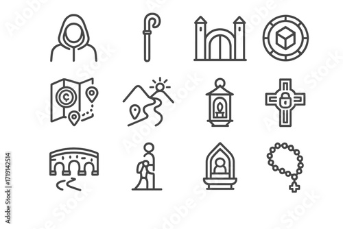 Token Pilgrimage Icons. Outline icon set of Token pilgrimages: hooded traveler, staff icon, monastery gate,