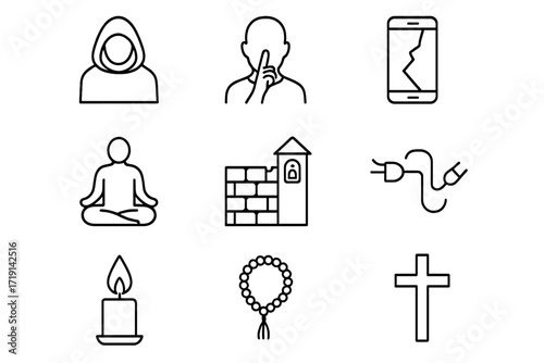 Digital Ascetic Icons. Outline icon set of Digital asceticism: hooded monk, silent figure, broken smartphone,
