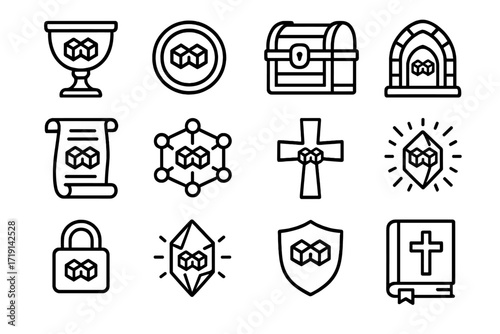 Blockchain Relic Icons. Outline icon set of Blockchain relics: chalice icon, golden coin, relic chest,