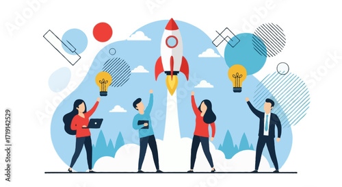 Flat vector conceptual illustration of innovation and startup, faceless characters launching a rocket into the sky, abstract shapes and modern geometric background, bright and bold flat color palette
