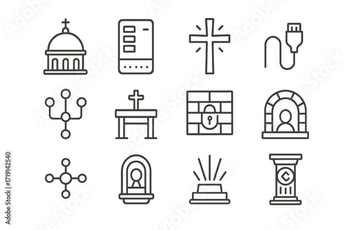 Holy Blockchain Icons. Outline icon set of Holy blockchain architecture: monastery dome, server tower, glowing