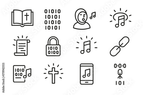 Encrypted Psalms Icons. Outline icon set of Encrypted psalms: hymn book, binary code lines, monk singing,