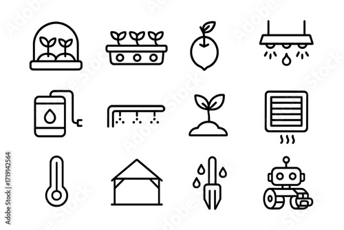 Greenhouse Module Icons. Outline icon set of Greenhouse modules: glass dome, hydroponic tray, seed pod, LED