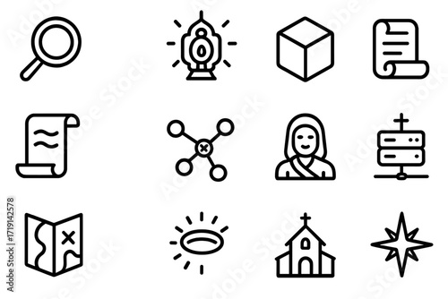 Sacred Block Icons. Outline icon set of Sacred block explorers: magnifying glass, glowing relic, blockchain
