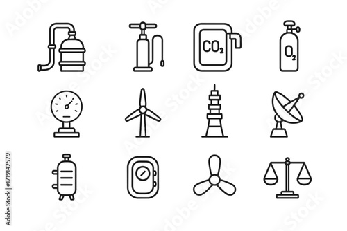 Atmospheric Engineering Icons. Outline icon set of Atmospheric engineering: gas collector, air pump, CO