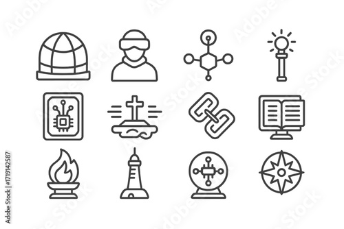 Future Techno-Monasteries Icons. Outline icon set of Future techno-monasteries: neon dome, VR monk, crypto