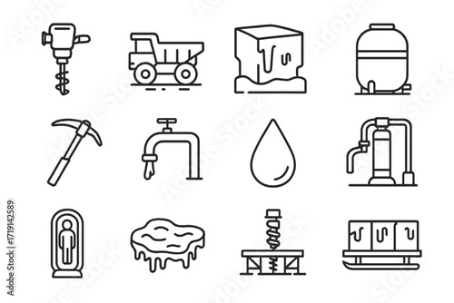 Ice Mining Icon Set. Outline icon set of Ice mining equipment: ice drill, rover bucket, frozen block, storage