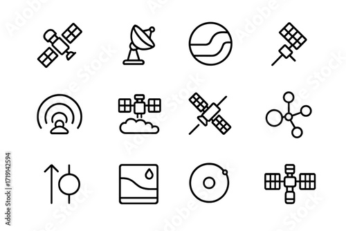 Terraforming Satellite Icons. Outline icon set of Terraforming satellites: orbiting satellite, antenna dish,