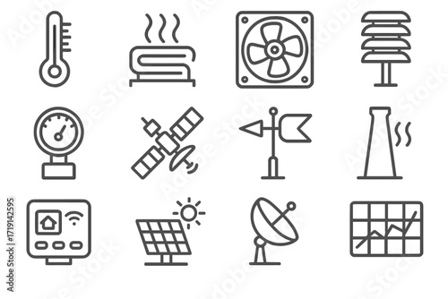 Climate Control Icons. Outline icon set of Climate control devices: temperature gauge, heater coil, cooling
