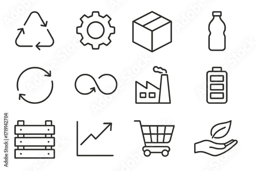 Circular Economy Icons. Outline icon set of Circular economy: recycling arrows, cogwheel, package box, bottle,