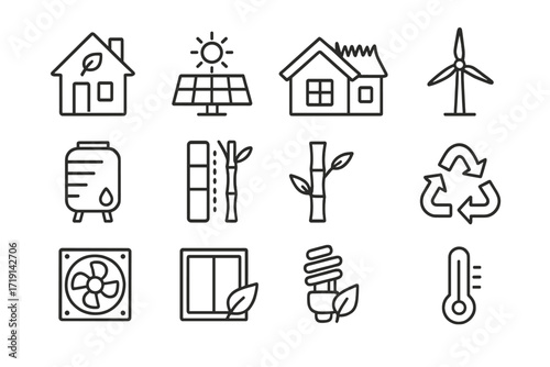 Sustainable Architecture Icons. Outline icon set of Sustainable architecture: eco house, solar panel, green