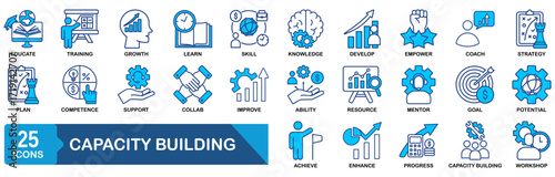 capacity building icon set collection in solid glyph style. an icon pack contain goal,training,skill,knowledge,growth,develop,learn