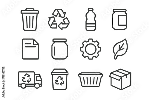 Recycling Icons Set. Outline icon set of Recycling process: trash bin, arrows loop, plastic bottle, can, paper