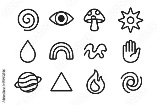 Psychedelic Icon Set. Outline icon set of Psychedelic contrasts: spiral, eye, mushroom, fractal star, liquid