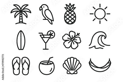 Tropical Icon Set. Outline icon set of Tropical vibrance: palm tree, parrot, pineapple, sun, surfboard,