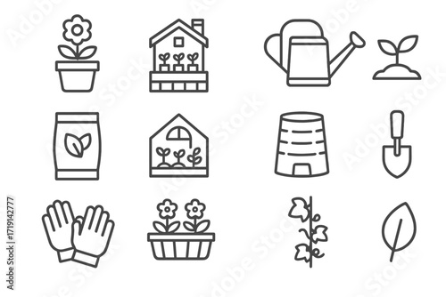 Urban Gardening Icons. Outline icon set of Urban gardening: flower pot, rooftop garden, watering can, sprout,