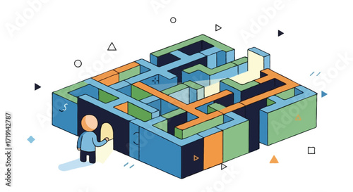 Flat vector conceptual illustration of problem solving, faceless character navigating a maze with a glowing exit