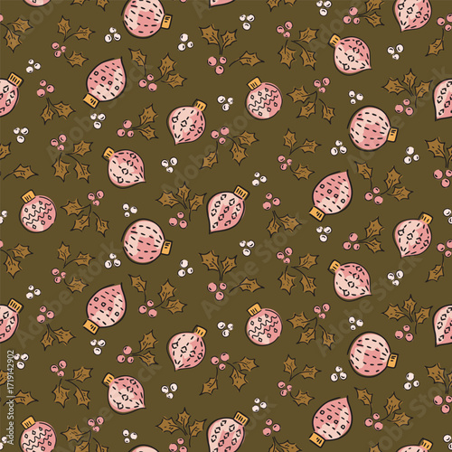 Holly baubles with leaves and berries, forming a Christmas maximalist pattern in colors of pink, yellow, brown and black on green. Holiday seamless vector pattern. Great for home decor, fabric, gifts.