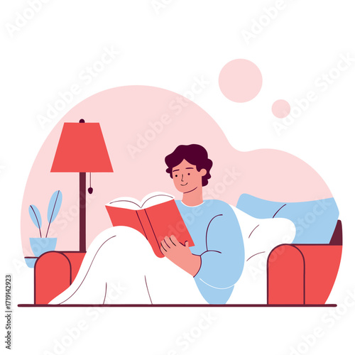 Abstract illustration of a man relaxing in bed and reading a book.