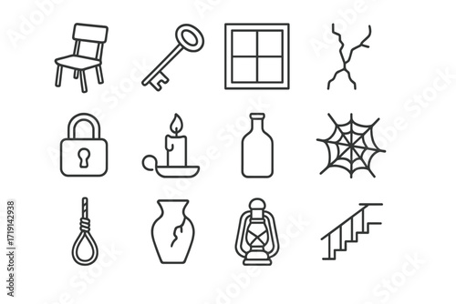 Abandoned Places Icons. Outline icon set of Abandoned places: broken chair, rusted key, window, cracked wall,