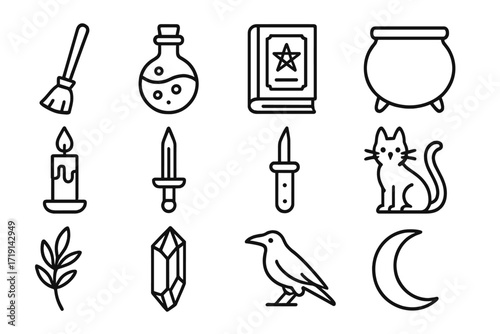 Witchcraft Icon Set. Outline icon set of Witchcraft aesthetics: broom, potion, spell book, cauldron, candle,