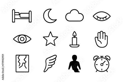 Dream Symbols Icons. Outline icon set of Dreams and nightmares: bed, moon, cloud, closed eye, open eye, star,