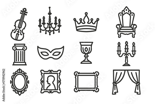 Baroque Icon Set. Outline icon set of Baroque darkness: violin, chandelier, crown, throne, column, mask,