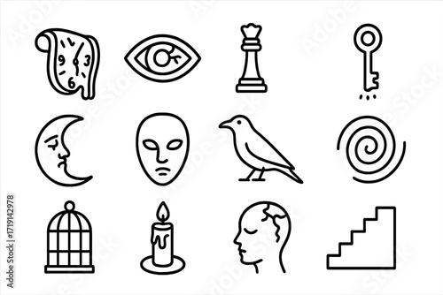 Surreal Icon Grid. Outline icon set of Dark surrealism: melting clock, broken eye, chess piece, floating key,