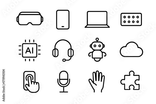 Inclusive Tech Icons. Outline icon set of Inclusive technology: VR headset, smartphone, laptop, braille