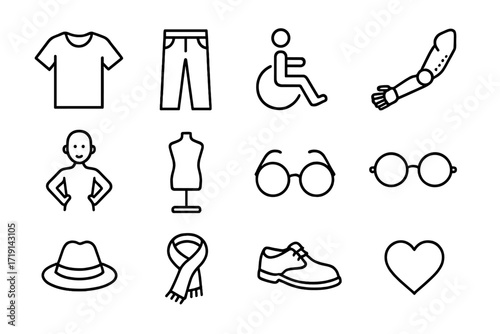 Inclusive Fashion Icons. Outline icon set of Inclusive fashion: t-shirt, pants, wheelchair symbol, prosthetic