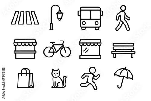 Street Life Icons. Outline icon set of Everyday street moments: crosswalk lines, streetlamp, bus icon, walking