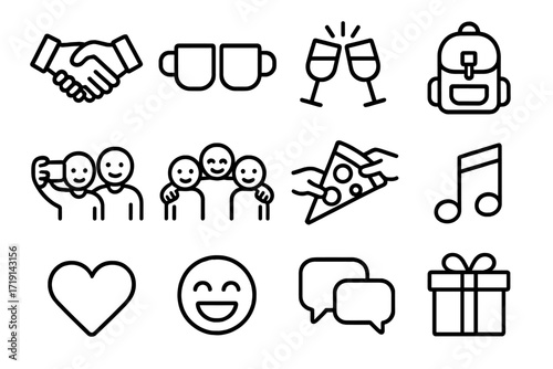 Friendship Icon Set. Outline icon set of Friendship authenticity: handshake, two coffee cups, clinking glasses