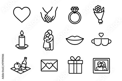 Genuine Love Icons. Outline icon set of Genuine love moments: heart, couple holding hands, wedding ring,