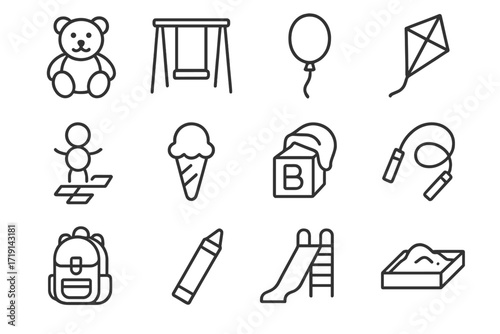 Childhood Icon Set. Outline icon set of Childhood authenticity: toy bear, swing set, balloon, kite, chalk