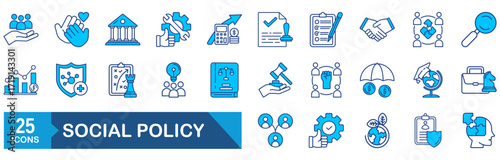 Social policy Web Icon Set . Collection of Social services Linear Icons, Including, healthcare, family, education, protection, law, insurance, healthcare, reform and more.