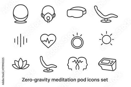 Zero-Gravity Meditation Icons. Outline icon set of Zero-gravity meditation pods: closed pod, breathing mask,