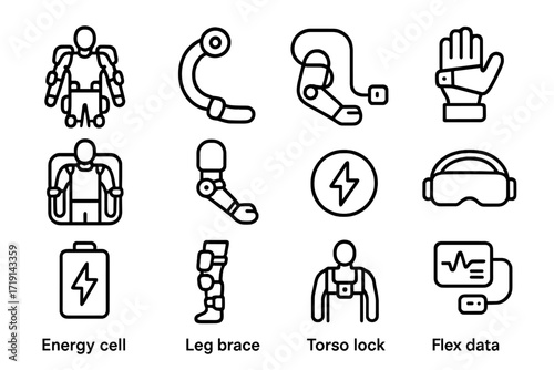 Exosuit Icon Set. Outline icon set of Exosuit-assisted training: robotic exosuit, joint actuator, resistance