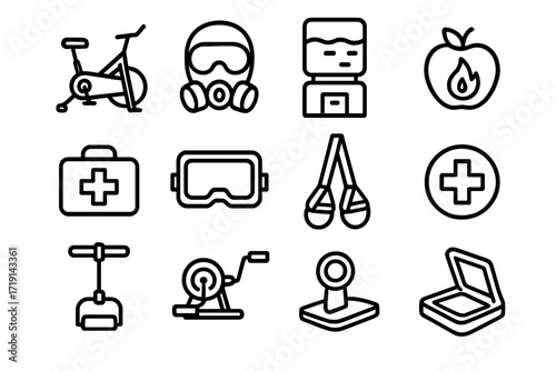 Emergency Fitness Icons. Outline icon set of Emergency fitness pods: survival bike, breathing mask, water tank