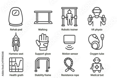 Orbital Gym Icons. Outline icon set of Orbital recovery gyms: rehab pod, walking bar, robotic trainer, VR